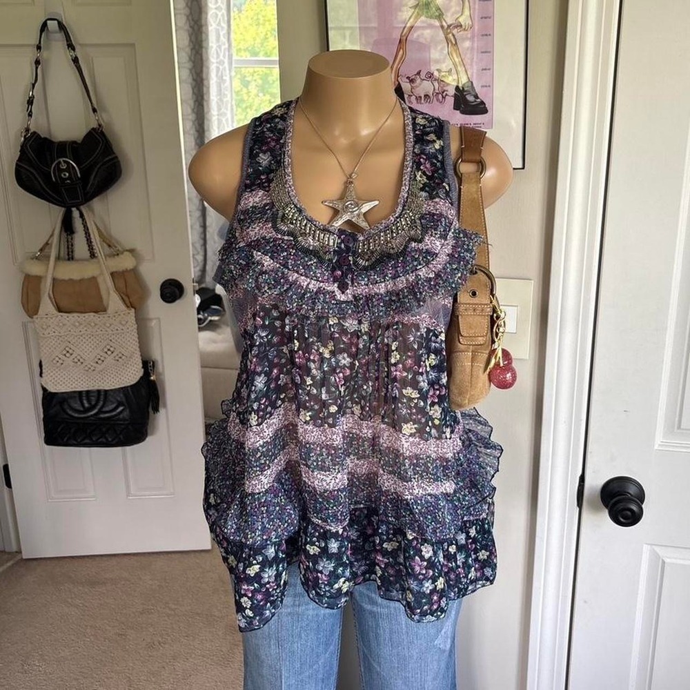 y2k 2000s fairy floral ruffle Henley tank top - Picture 7 of 7